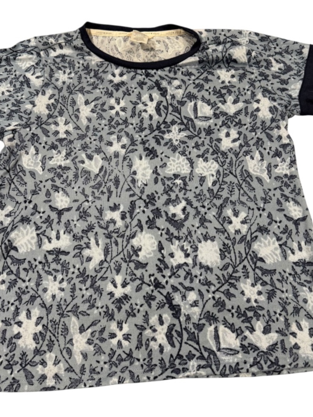 Lucky Brand Navy Blue Denim Floral Poly Knit Pullover Top S